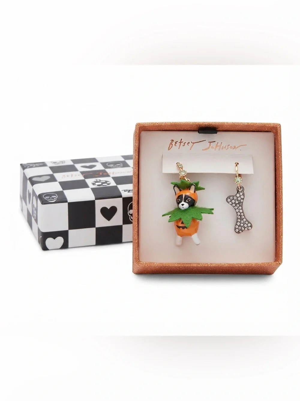 Betsey Johnson Halloween Puppy in Pumpkin Dog Bone Mismatched Earrings Box
